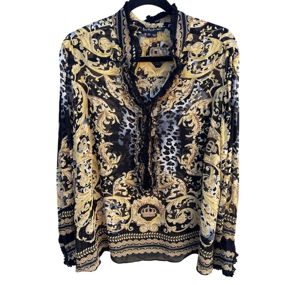 ECI New York Tops - ECI New York Womens Ruffle Trim Black Gold Baroque Glam Leopard Print Blouse 2X